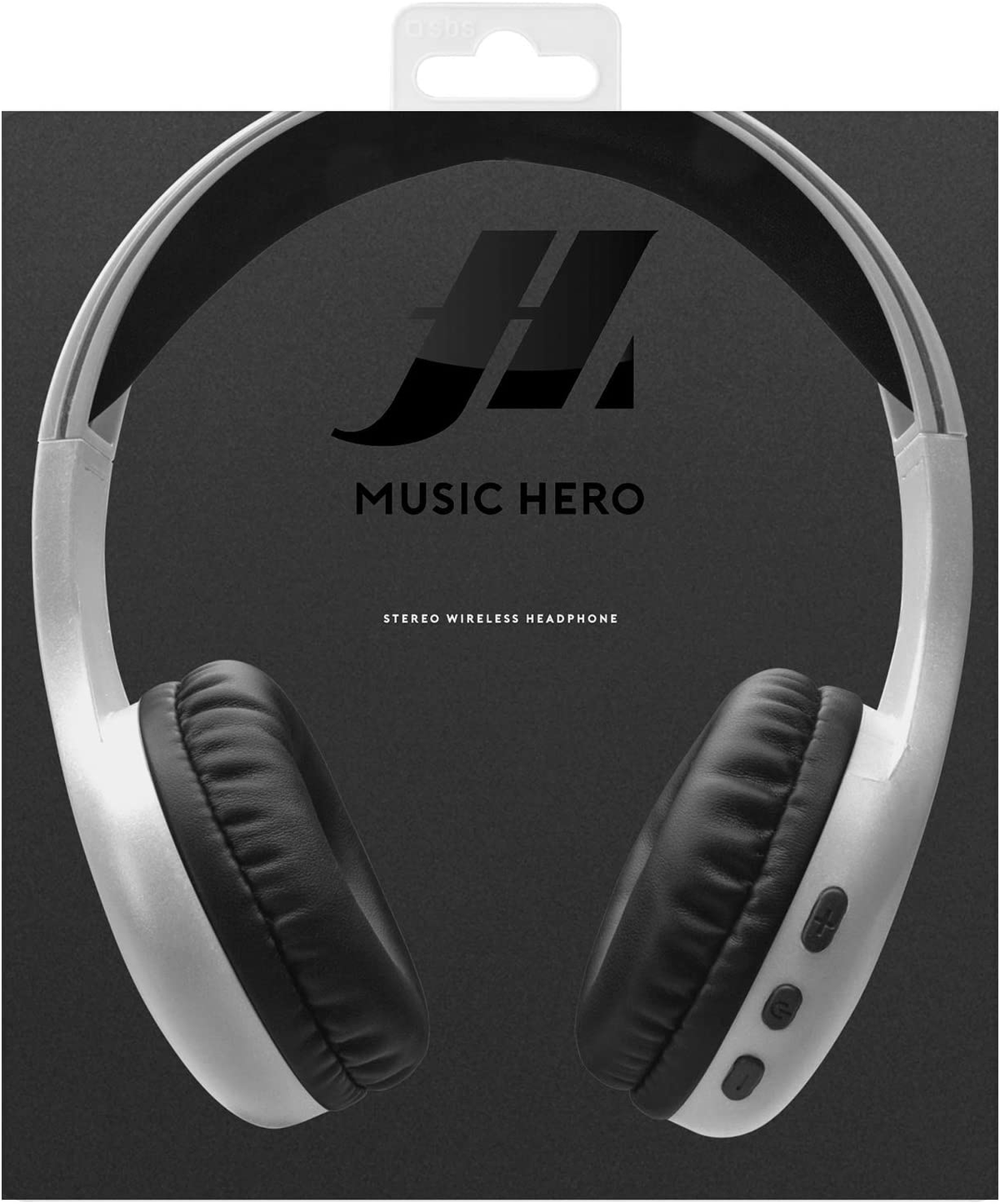 Cuffie bianche e nere in una scatola. La scatola presenta il logo Music Hero e indica stereo wireless.