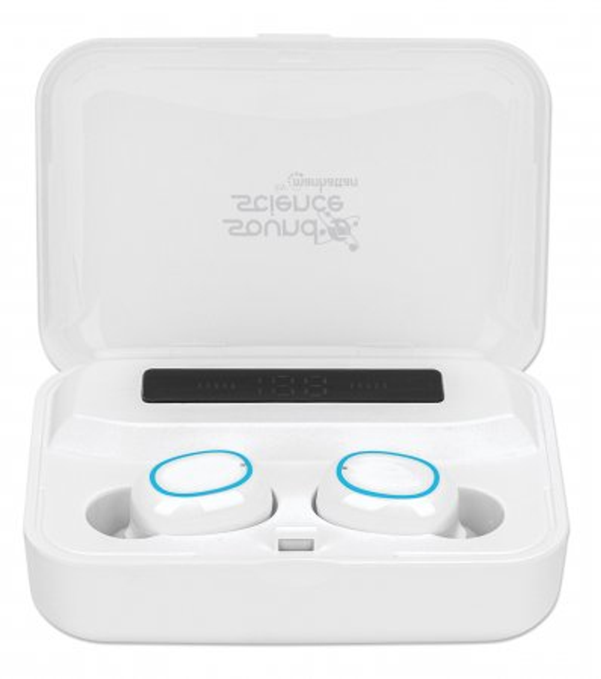 Custodia per auricolari bianca, aperta. Due auricolari bianchi con dettagli blu.