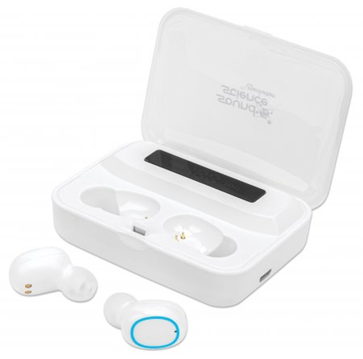 Auricolari wireless bianchi in una custodia di ricarica bianca. La custodia è aperta e gli auricolari sono visibili.