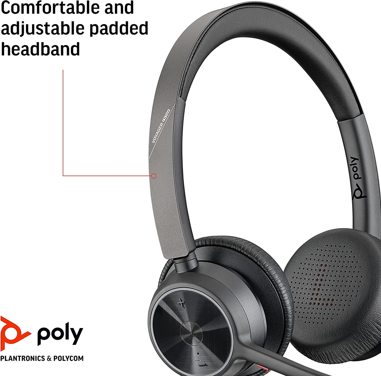 Gros plan sur un casque noir et gris avec un bandeau rembourré. La marque est poly.