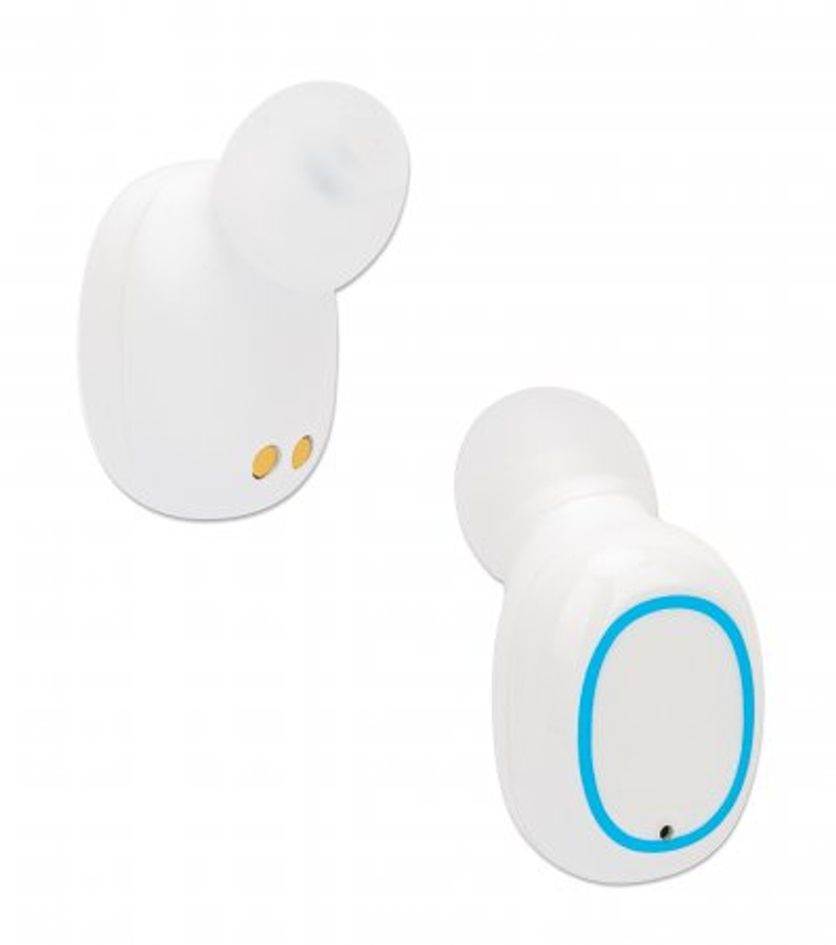 Due auricolari bianchi. Uno ha un cerchio blu e l'altro una piccola punta auricolare.