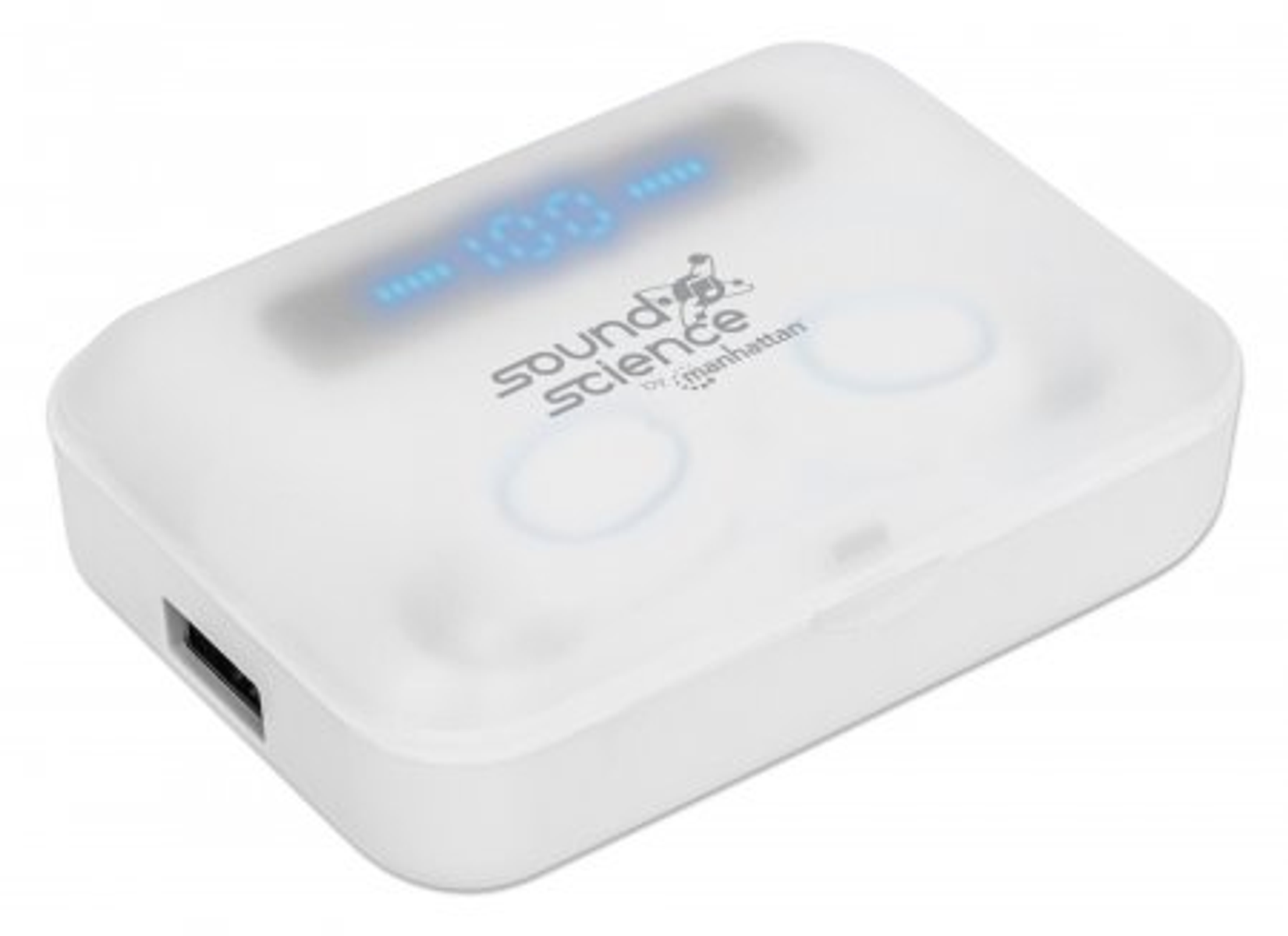 Custodia di ricarica bianca con porta USB. La custodia ha un display a LED blu e la scritta "sound science".