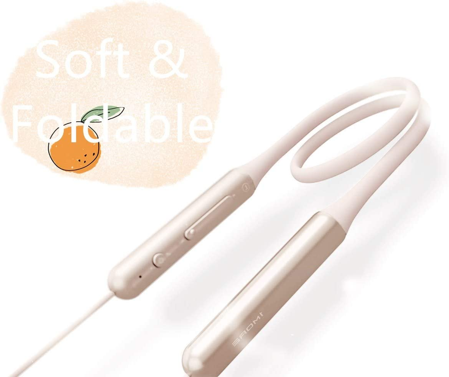 Rosafarbene Nackenbügel-Kopfhörer mit Gold-Finish, mit Text "Soft & Foldable".