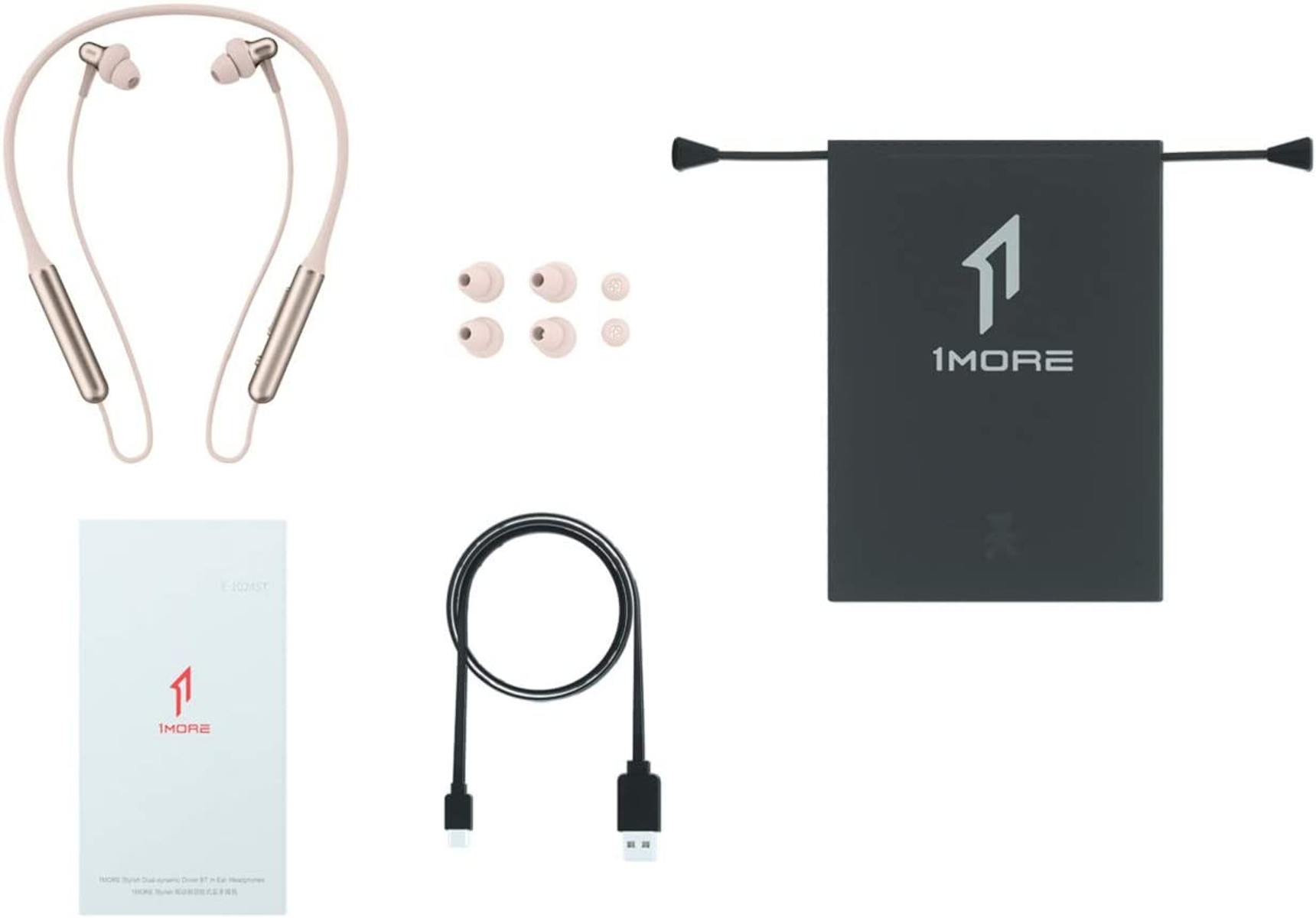 Halsband-Ohrhörer in Pink mit Zubehör: Ohrstöpsel, Beutel, Ladekabel und Box.