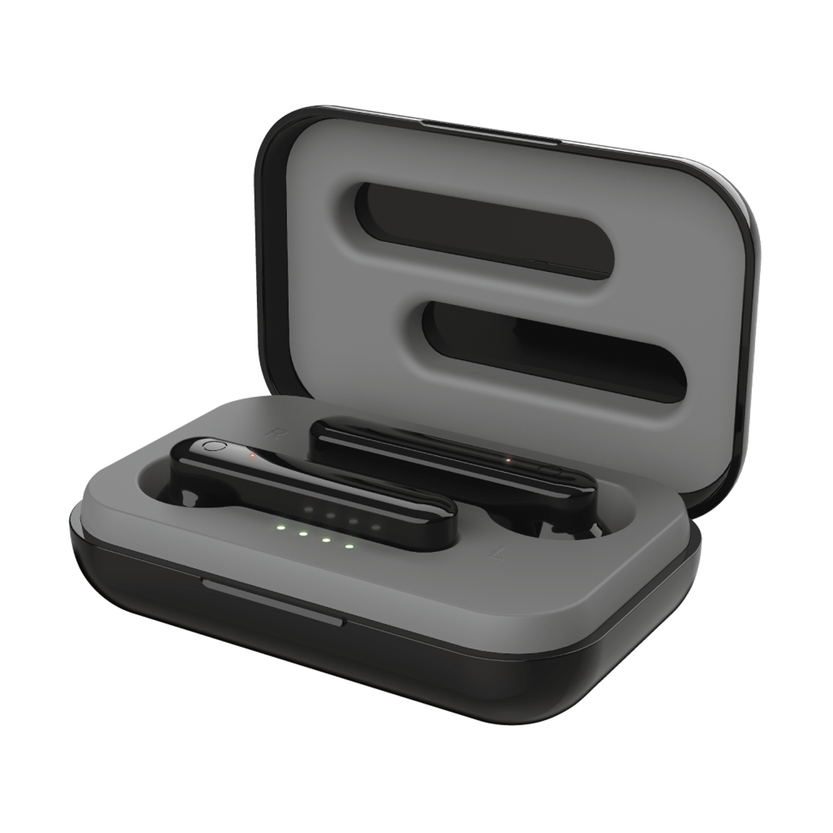 Czarne bezprzewodowe słuchawki douszne w etui ładującym. Etui jest otwarte, pokazując słuchawki.