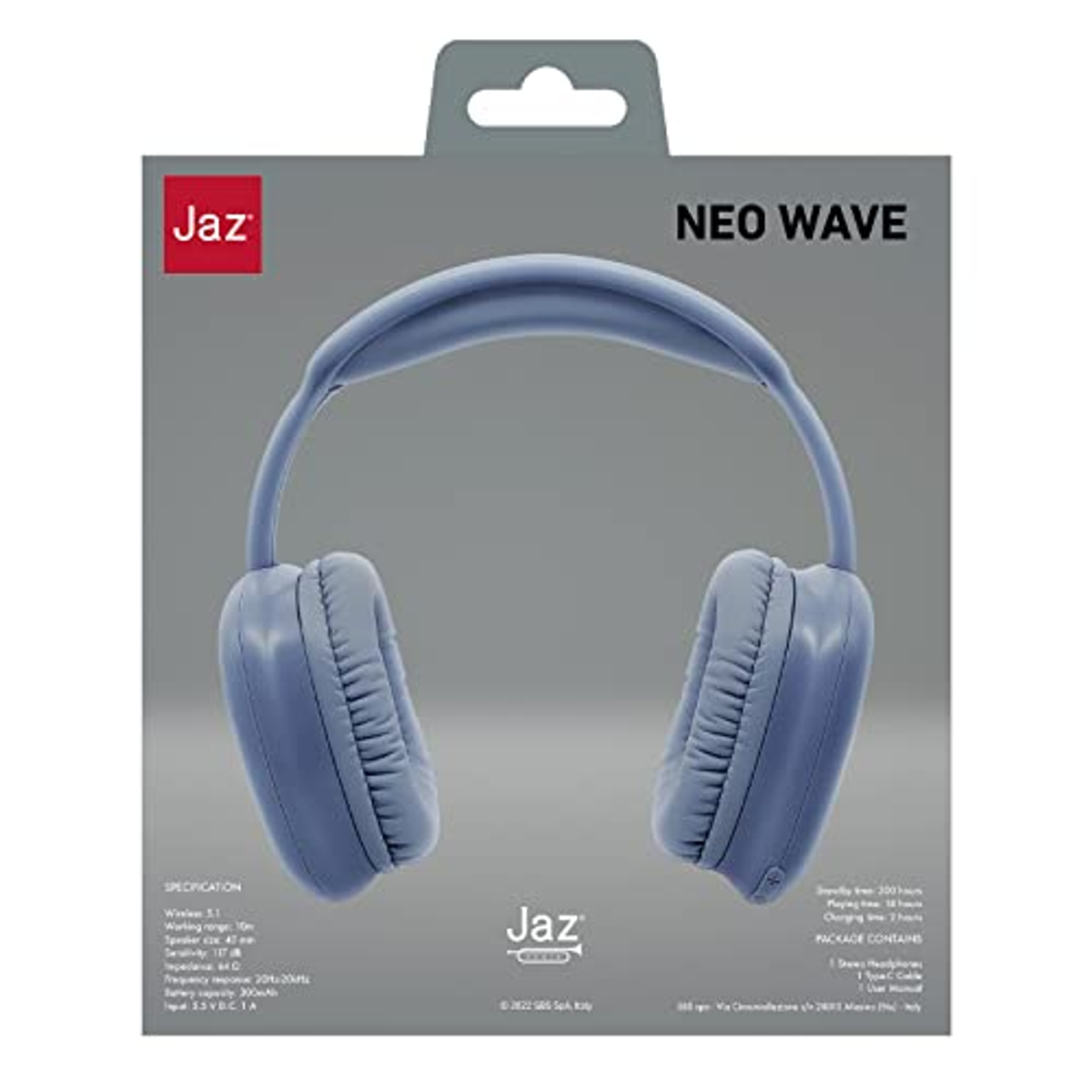 Blaue Kopfhörer in einer Box. Die Box ist weiß. Text auf der Box: NEO WAVE.