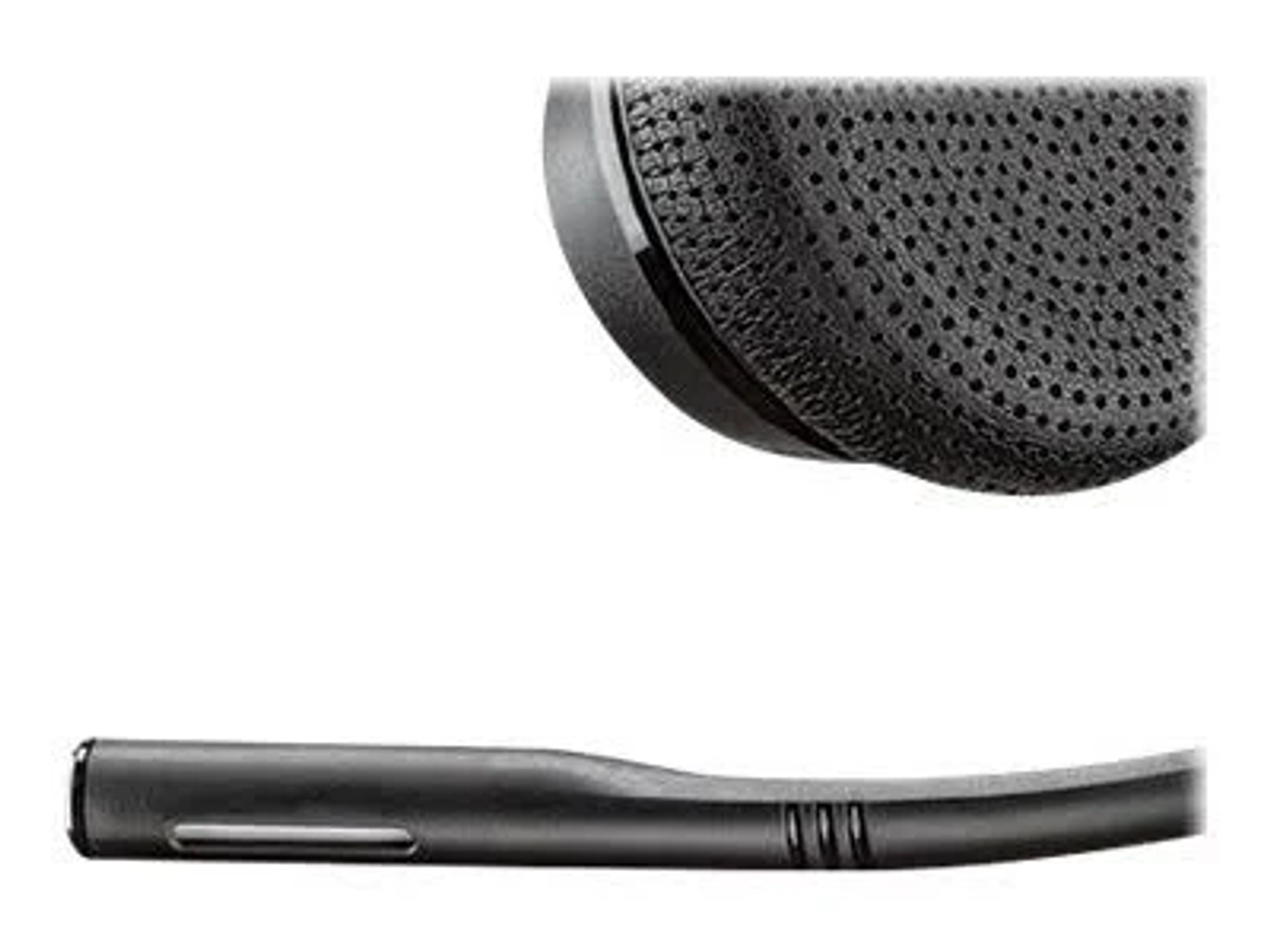 Zbliżenie na nausznik i mikrofon zestawu słuchawkowego. Nausznik pokazuje wewnętrzną wyściółkę i ramię mikrofonu.