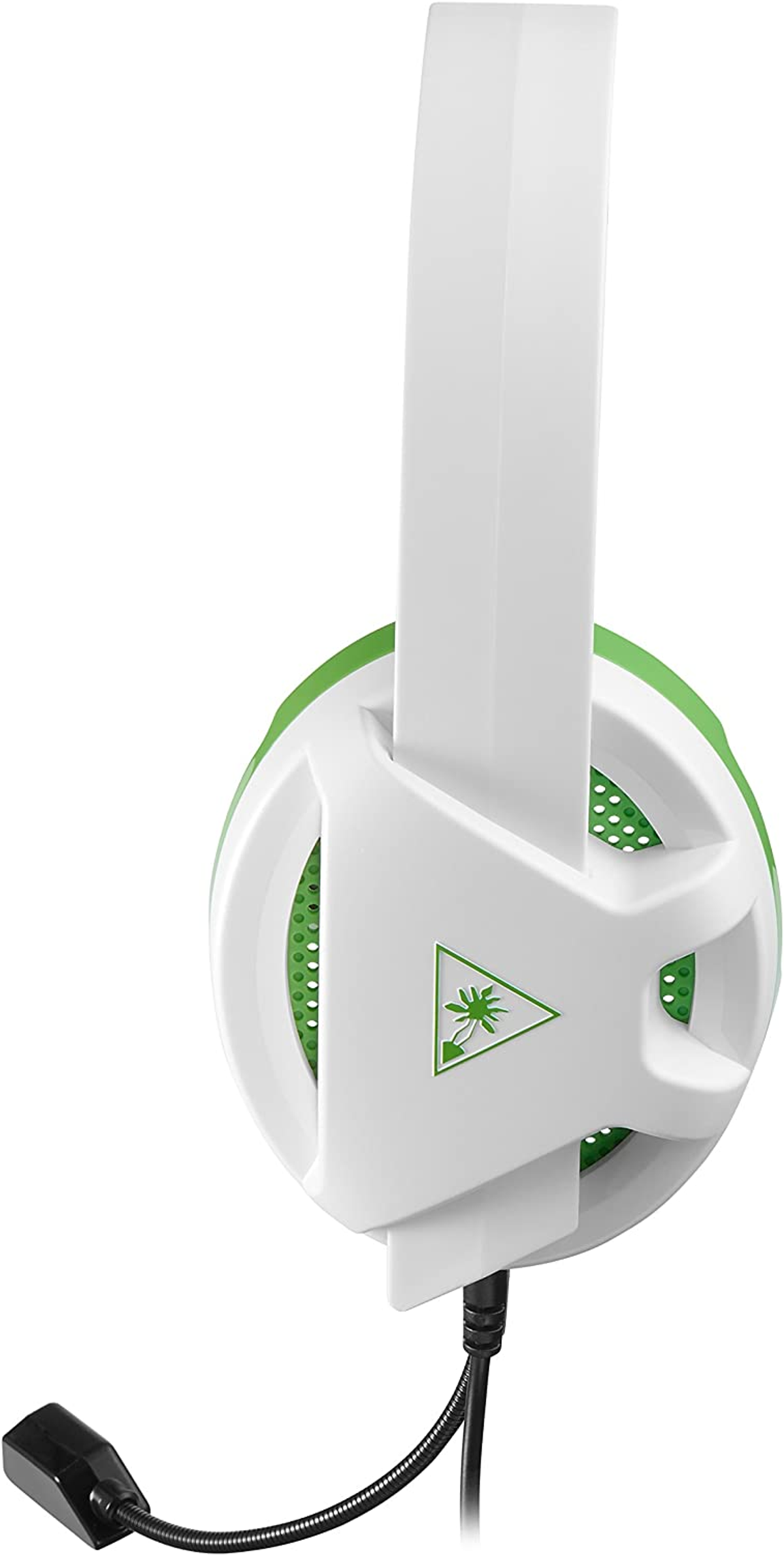 Auriculares para juegos blancos y verdes, con un micrófono negro. Está sobre un fondo blanco.