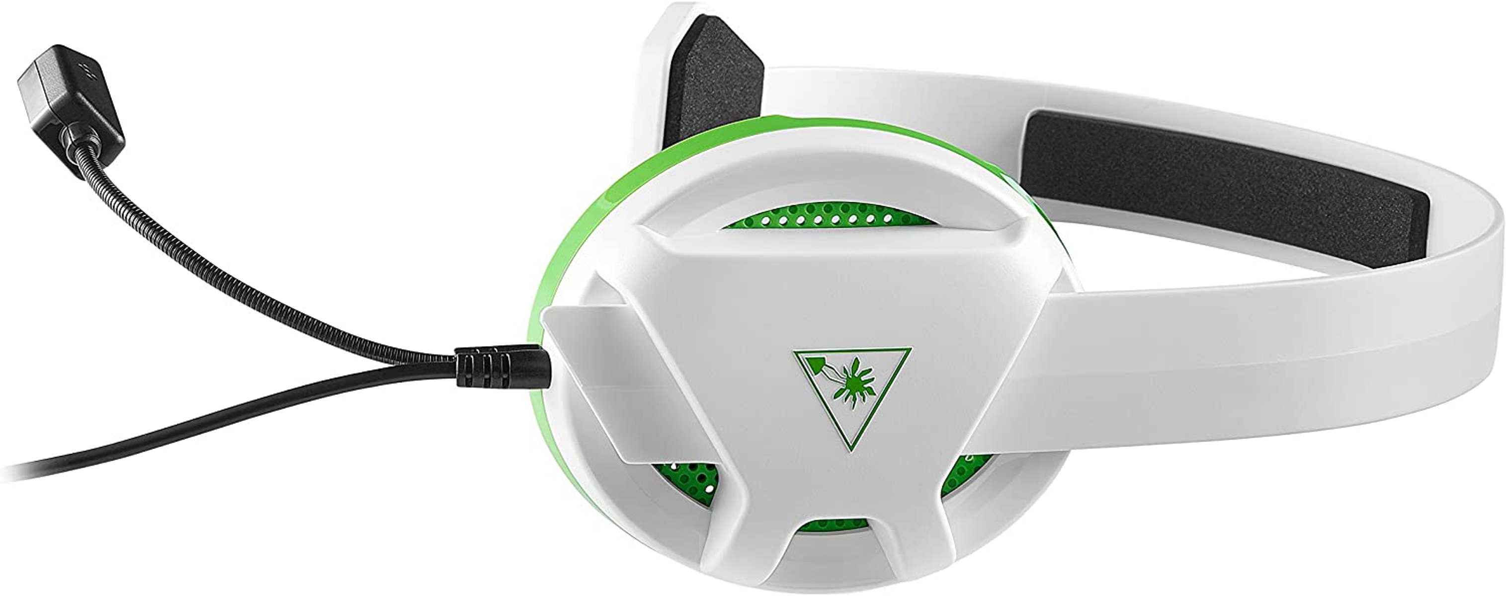 Auriculares blancos y verdes con micrófono. El logotipo de Turtle Beach es visible.