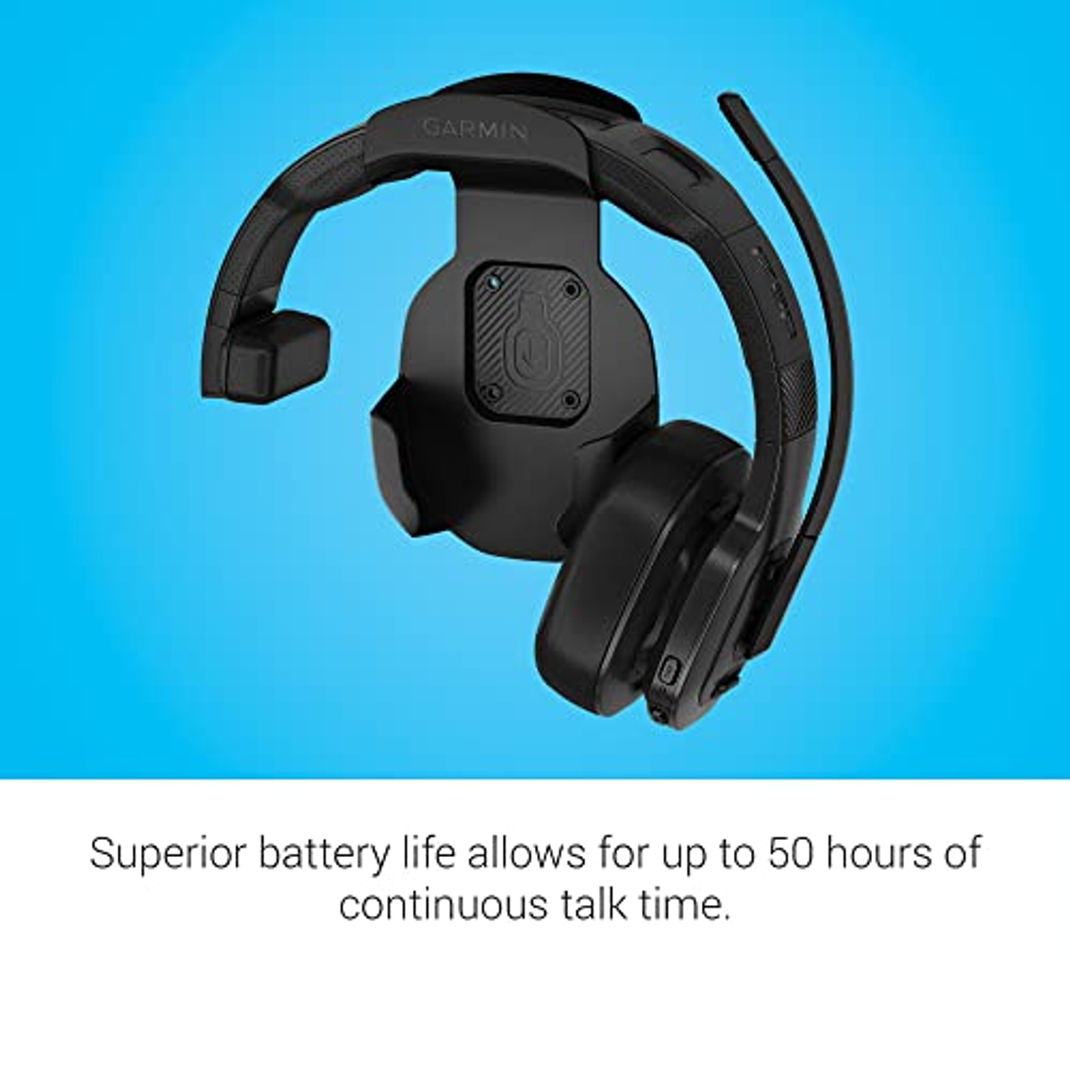 Cuffie Garmin nere su sfondo blu. Testo: La durata superiore della batteria consente fino a 50 ore di conversazione.