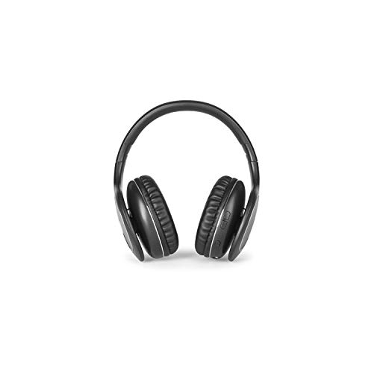 Cuffie nere con un design curvo. I padiglioni auricolari sono circolari. La fascia collega i padiglioni.