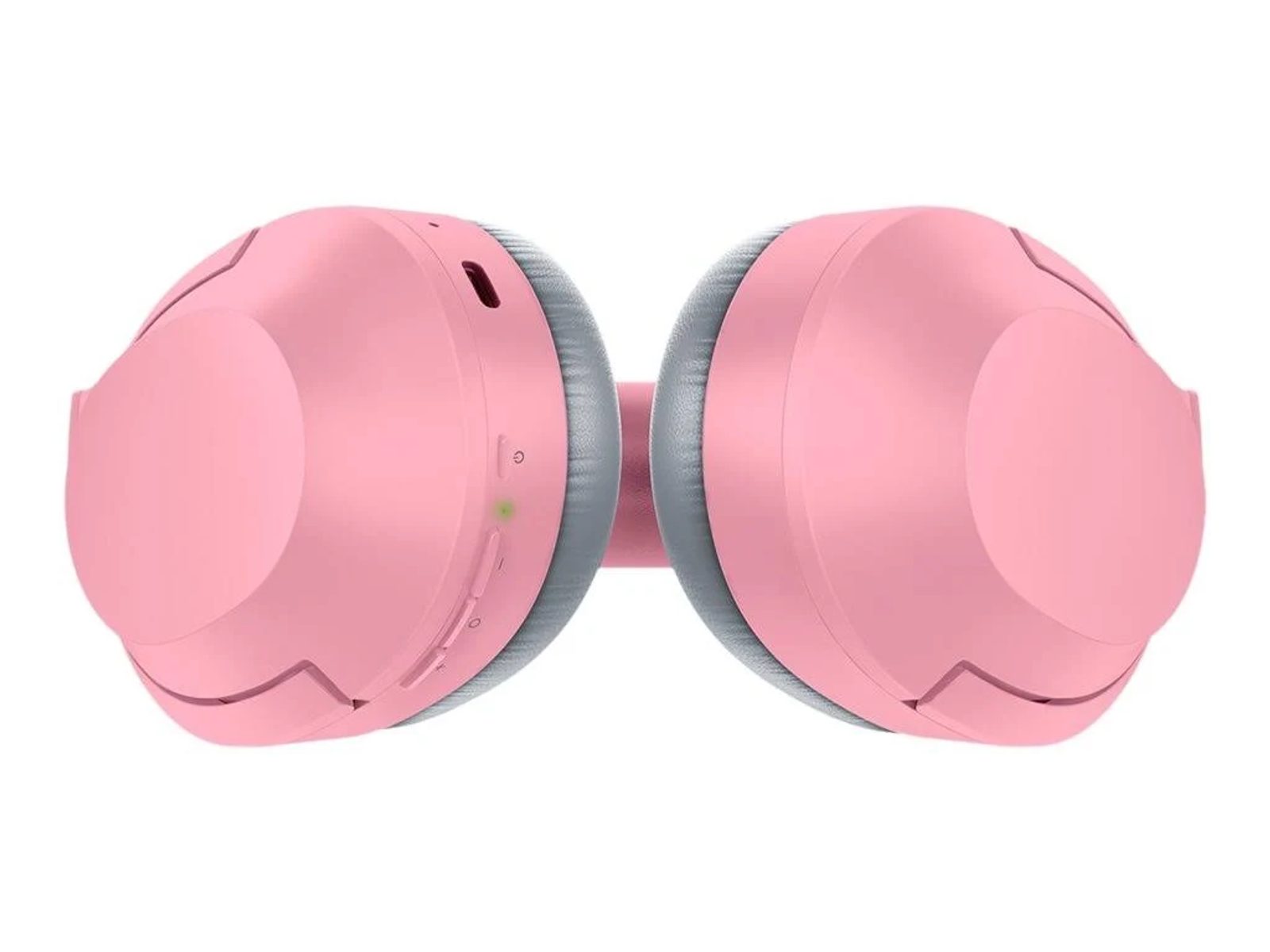 Różowe słuchawki, widok z góry, na białym tle.