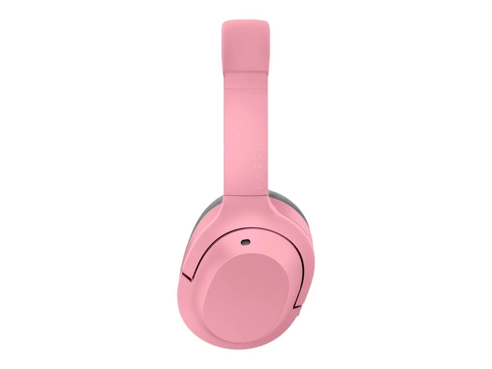 Różowe słuchawki Razer, widok z boku, z nazwą marki widoczną na pałąku.