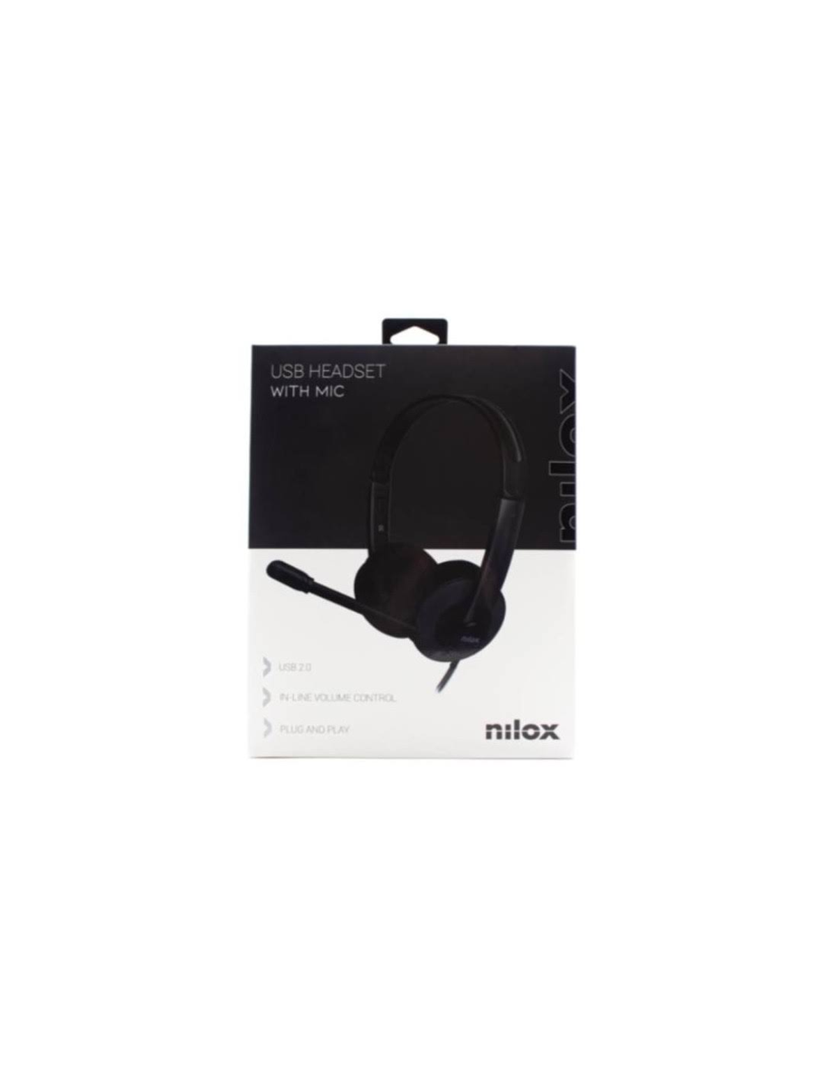 Cuffie con microfono, in una scatola, con testo sulla connessione USB e plug-and-play.