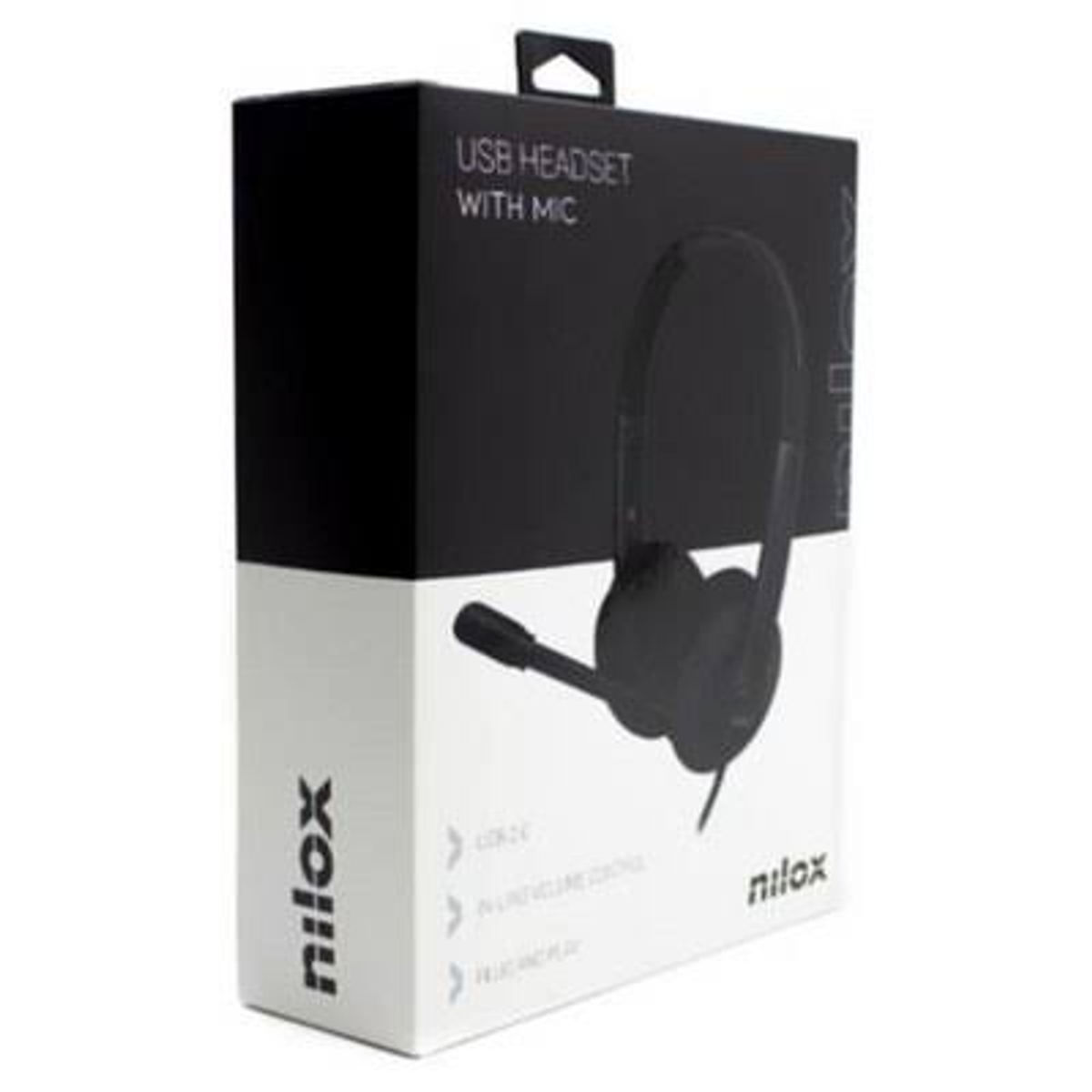 Una scatola bianca e nera di una cuffia USB con microfono, sfondo bianco.