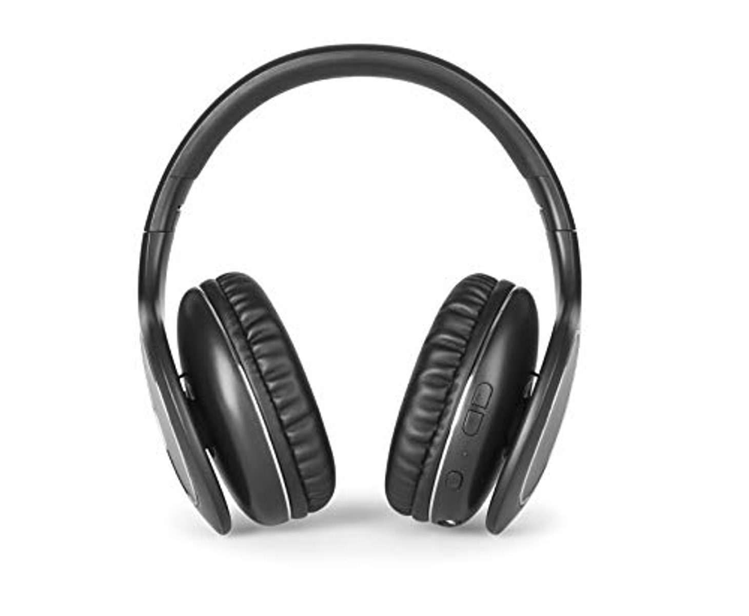 Czarne słuchawki na białym tle. Słuchawki są skierowane przodem.