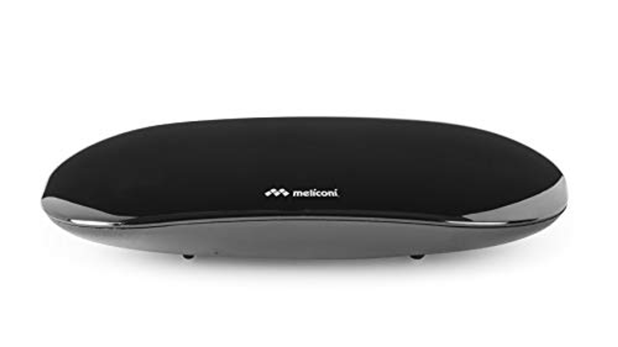 Czarne urządzenie w kształcie owalu, prawdopodobnie odtwarzacz multimedialny, z logo Meliconi.