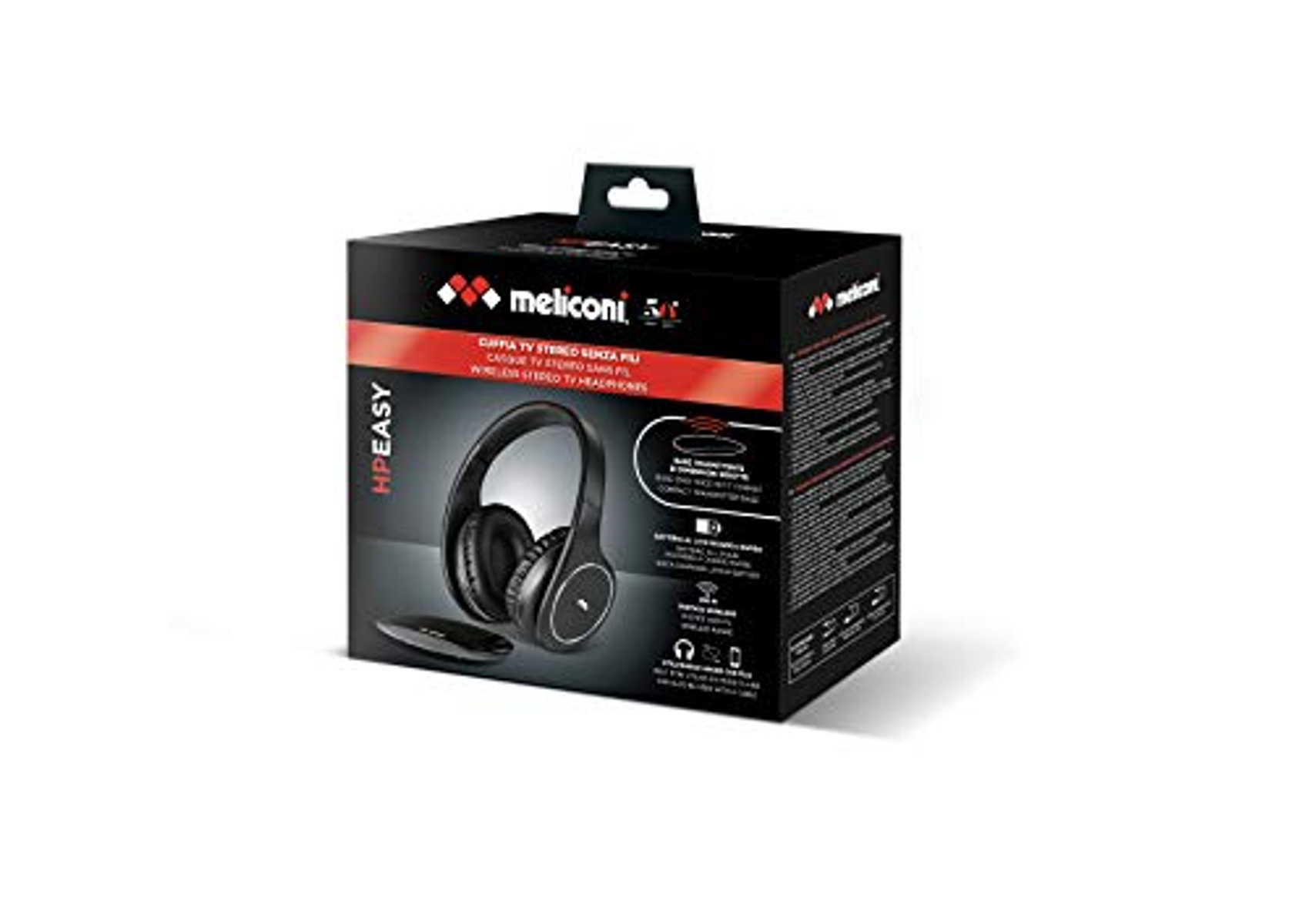 Pudełko ze słuchawkami, czarno-czerwone, z tekstem. Białe tło.