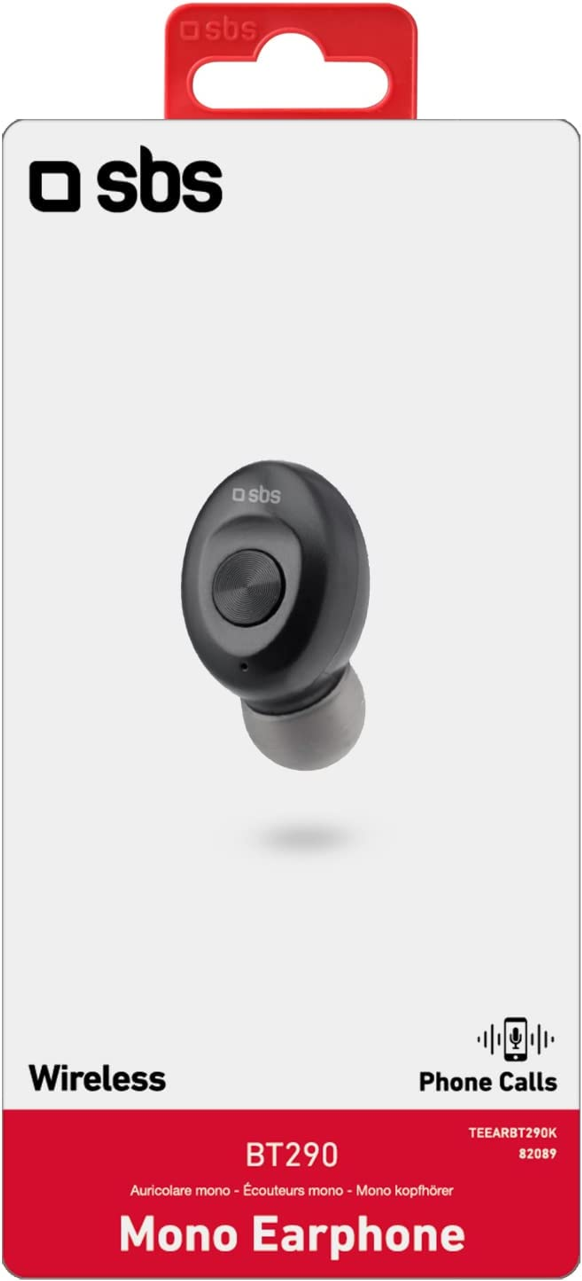 Auricolare mono SBS nero in una scatola bianca e nera.