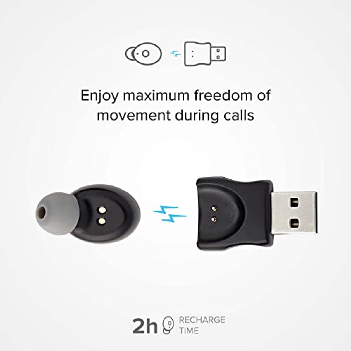 Auricolari e una porta di ricarica USB. Il grafico mostra gli auricolari che si collegano alla porta USB con fulmini blu.
