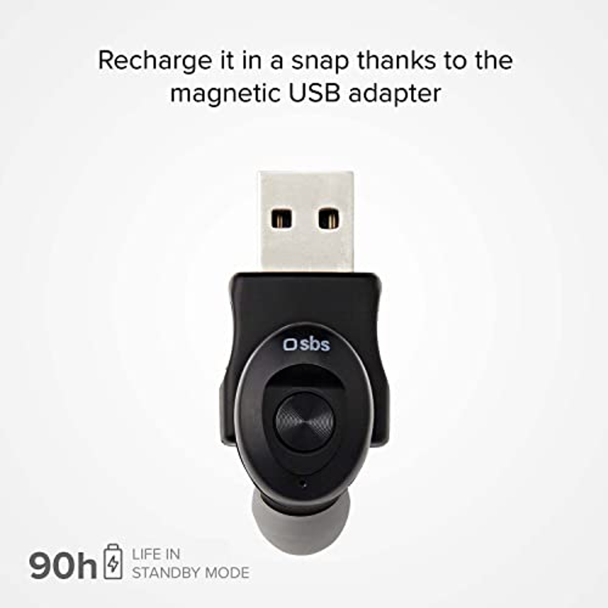Adattatore USB nero e argento con un auricolare. Il testo dice: 'Ricaricalo in un attimo grazie all'adattatore USB magnetico'.
