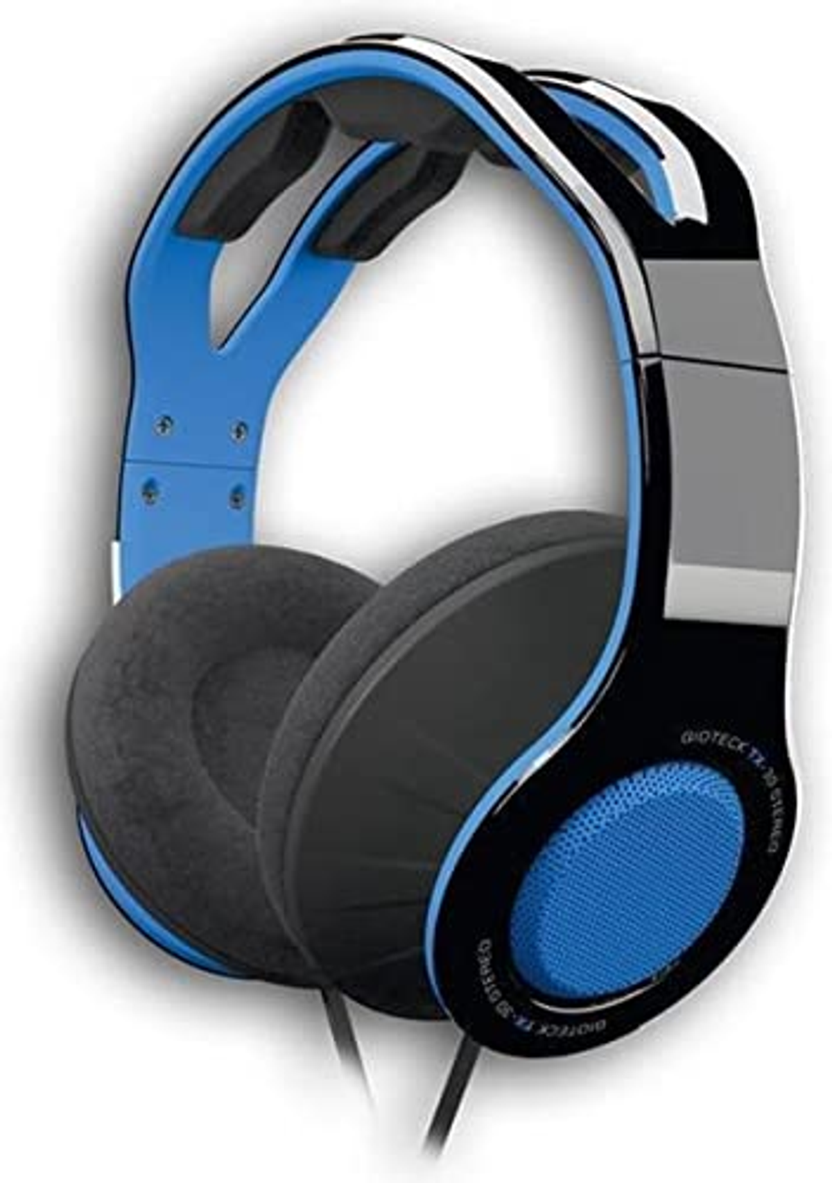 Auriculares con detalles azules y negros. La diadema y las copas se ven en la imagen.