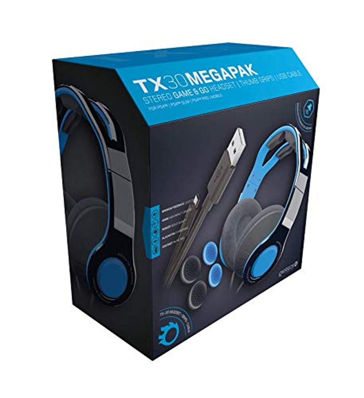 Caja de auriculares, diseño azul y negro, auriculares, cable USB, almohadillas. Fondo blanco.