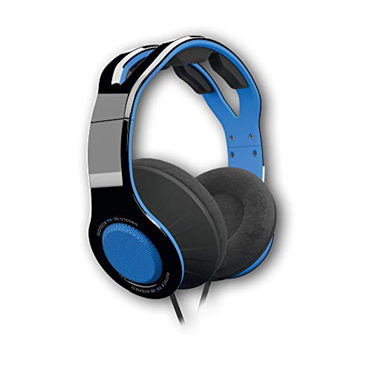 Auriculares negros y azules sobre fondo blanco. Los auriculares son negros y la diadema azul y negra.