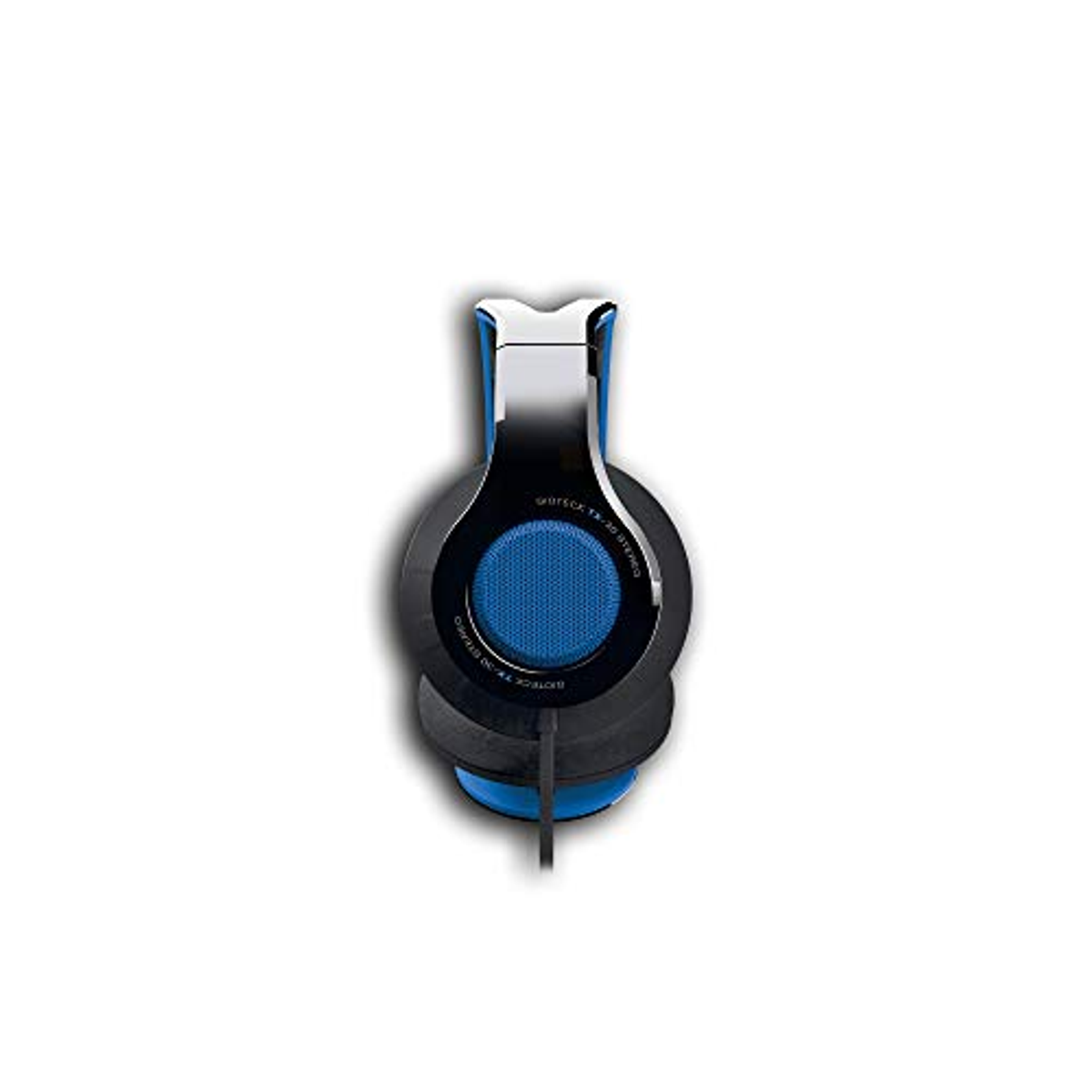 Auriculares azules y negros, con detalles de malla azul y fondo blanco.