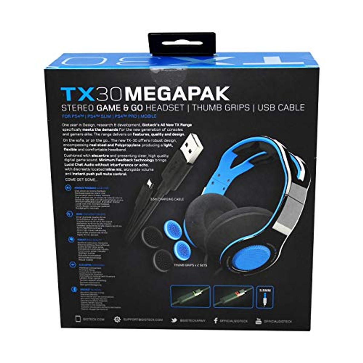 Auriculares negros y azules en caja con cable USB y agarres para pulgar.