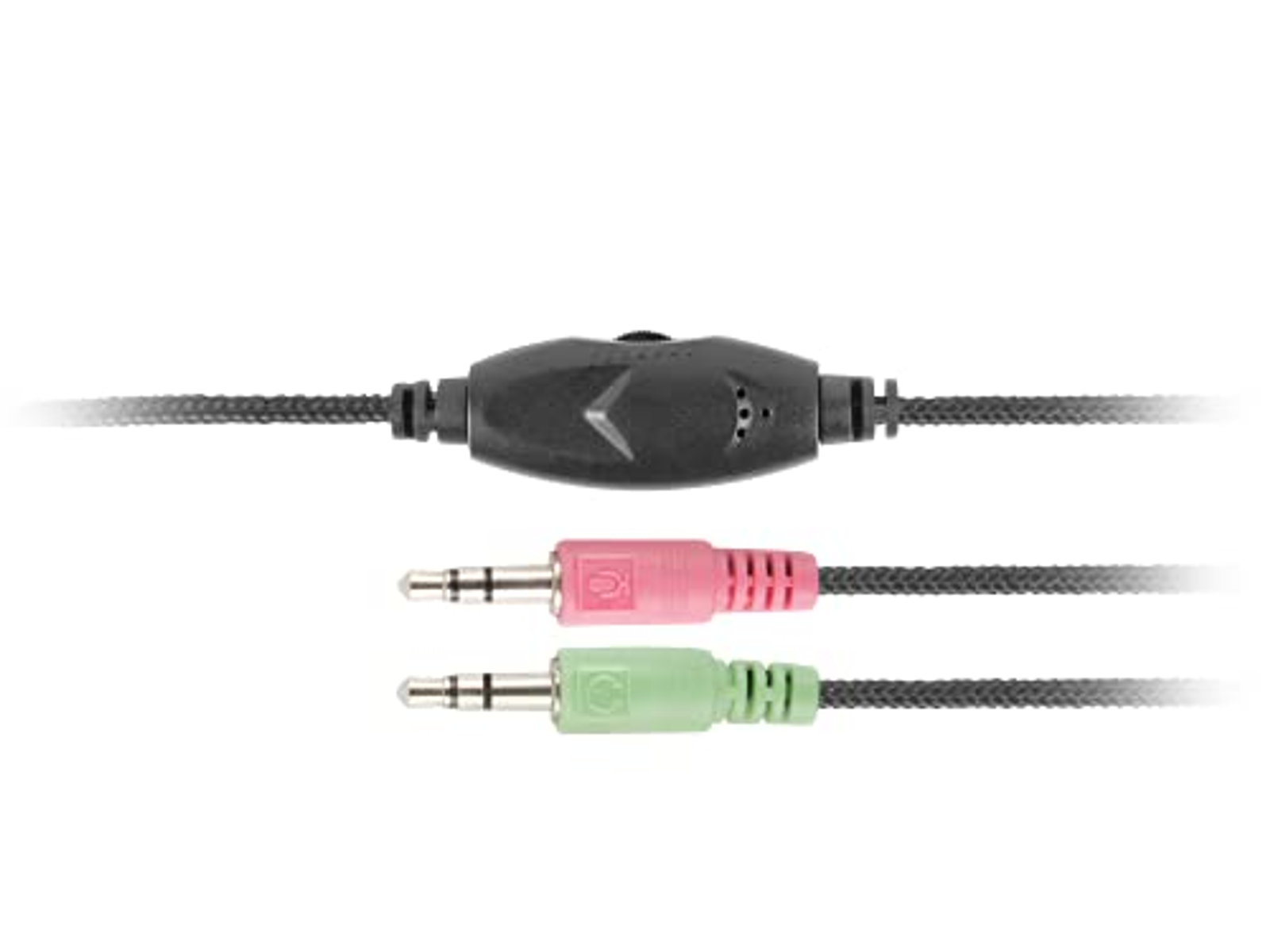 Kabel audio z jednostką sterującą i trzema wtyczkami: różową, zieloną i czarną.