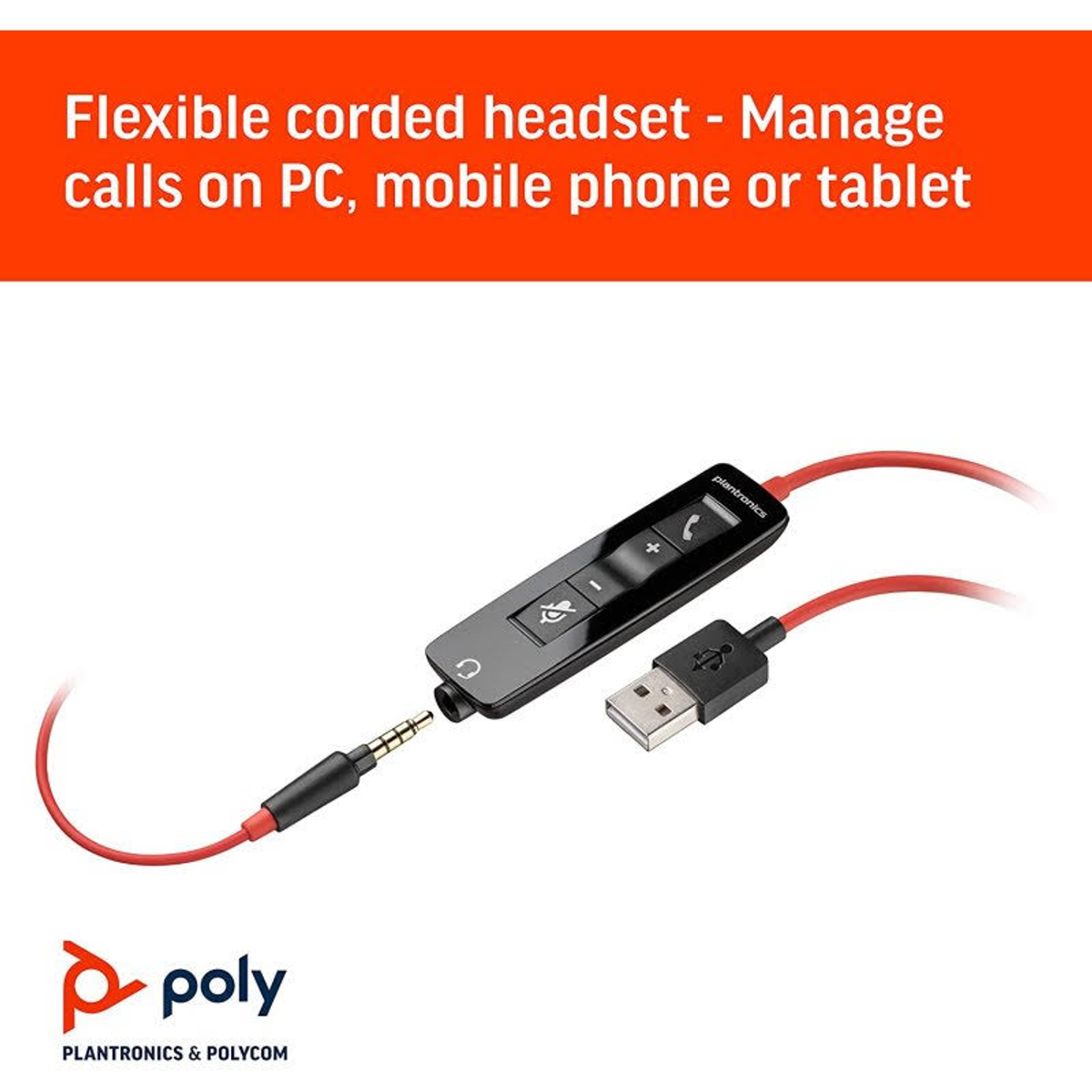 Zestaw słuchawkowy z czerwonym kablem i złączem USB. Czarny panel sterowania. Białe tło.