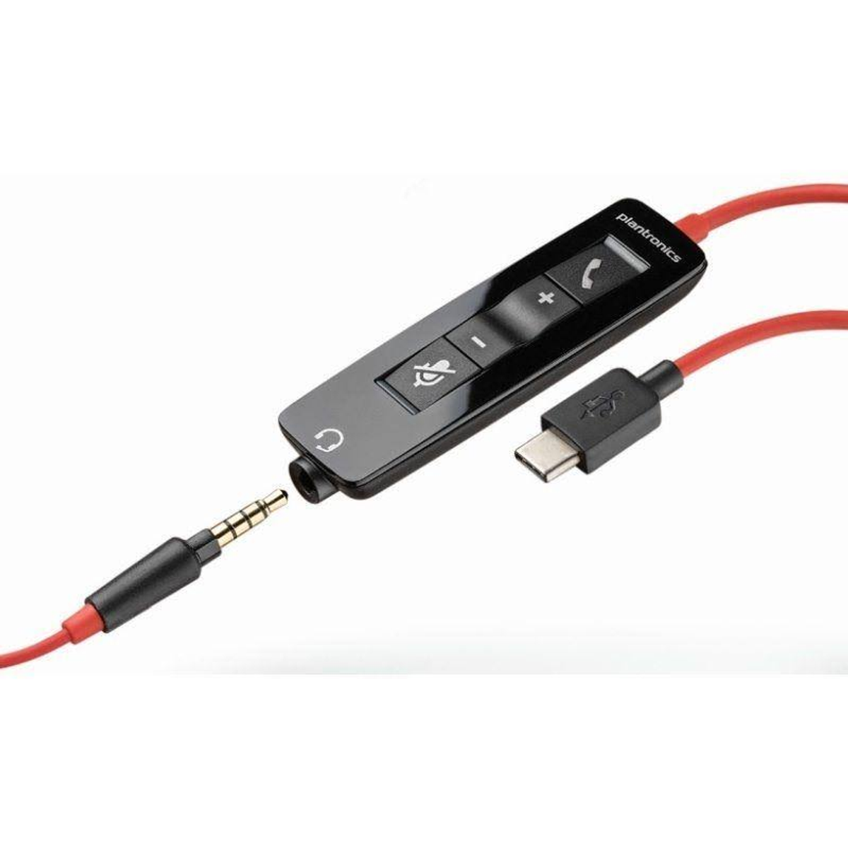 Czarny kontroler audio. Posiada przyciski głośności i wyciszania oraz złącze USB-C.