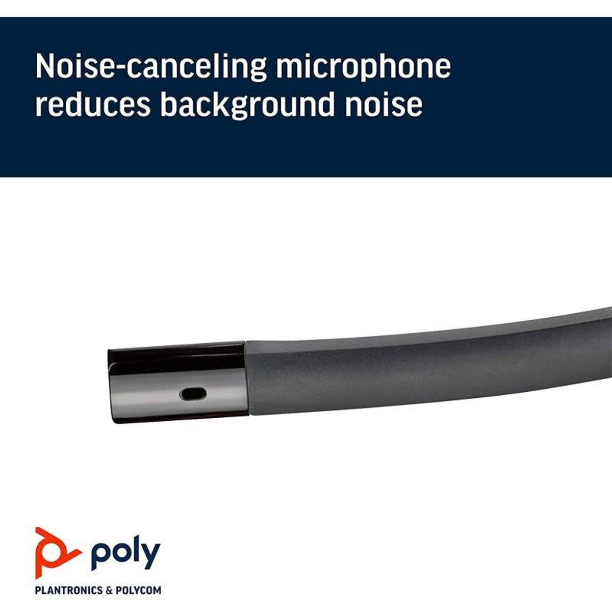 Zbliżenie czarnego wysięgnika mikrofonu. Tekst mówi: Mikrofon z redukcją szumów redukuje szumy tła.