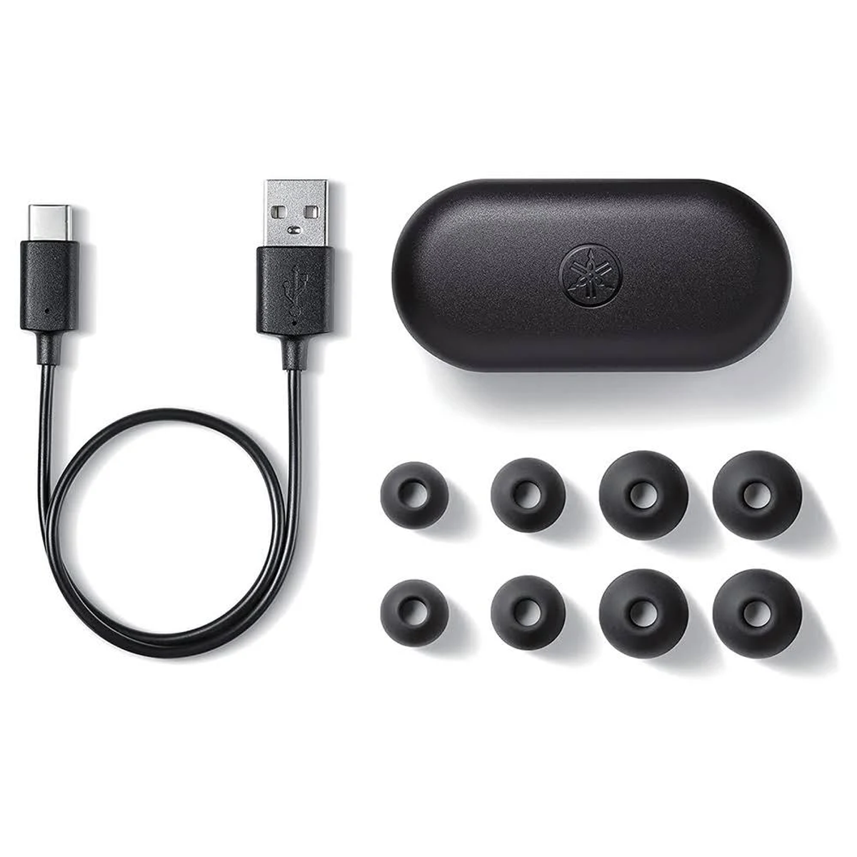 Schwarze Ohrhörer und Zubehör: Ladecase, USB-Kabel, Ohrstöpsel auf weißem Grund.