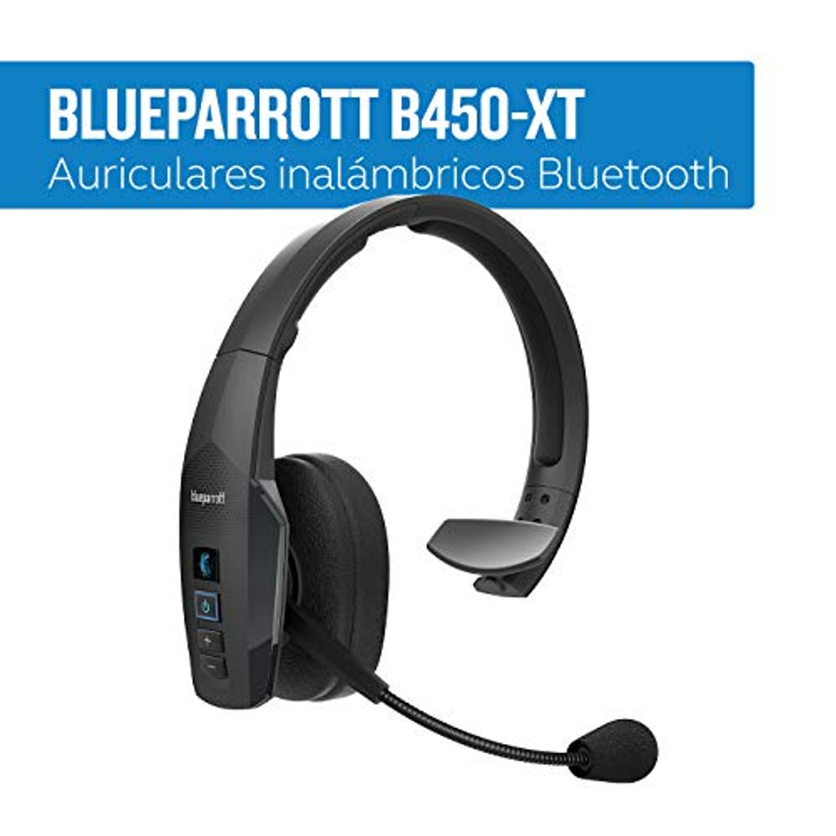 Czarno-szary zestaw słuchawkowy z mikrofonem. Tekst: BLUEPARROTT B450-XT i Bluetooth.