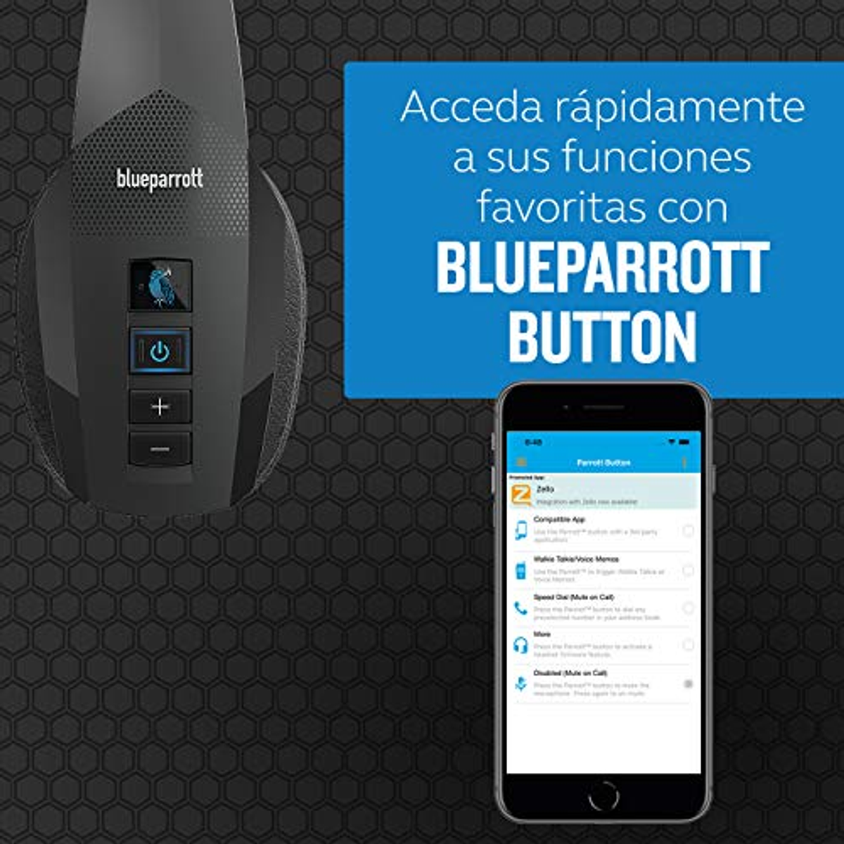 Czarny zestaw słuchawkowy z mikrofonem, podłączony do smartfona z interfejsem aplikacji.