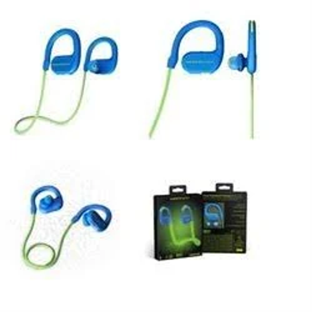 Niebieskie słuchawki sportowe z zielonymi przewodami, różne kąty. Niektóre w opakowaniu.