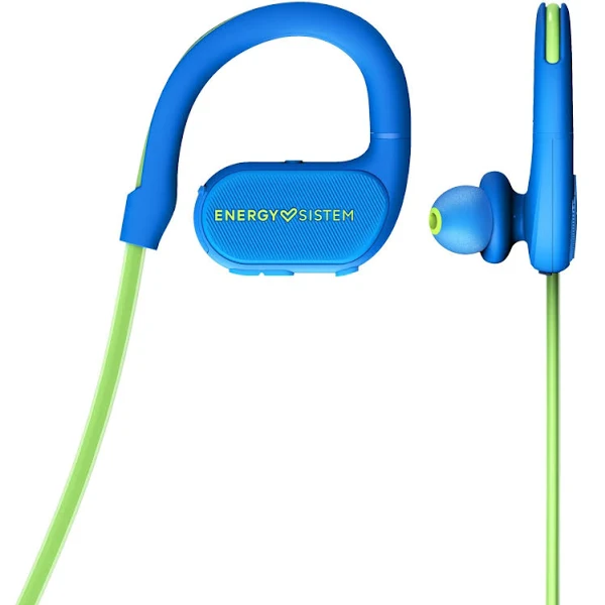 Niebiesko-zielone słuchawki sportowe. Na boku słuchawek napis 'ENERGY SISTEM'.