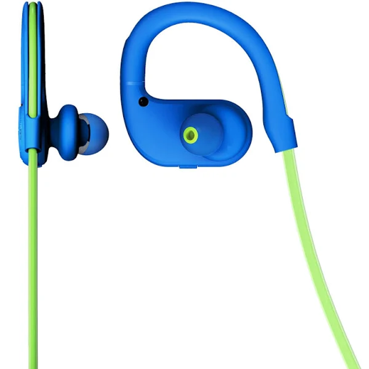 Niebieskie i zielone bezprzewodowe słuchawki douszne z kablem i haczykiem na ucho.