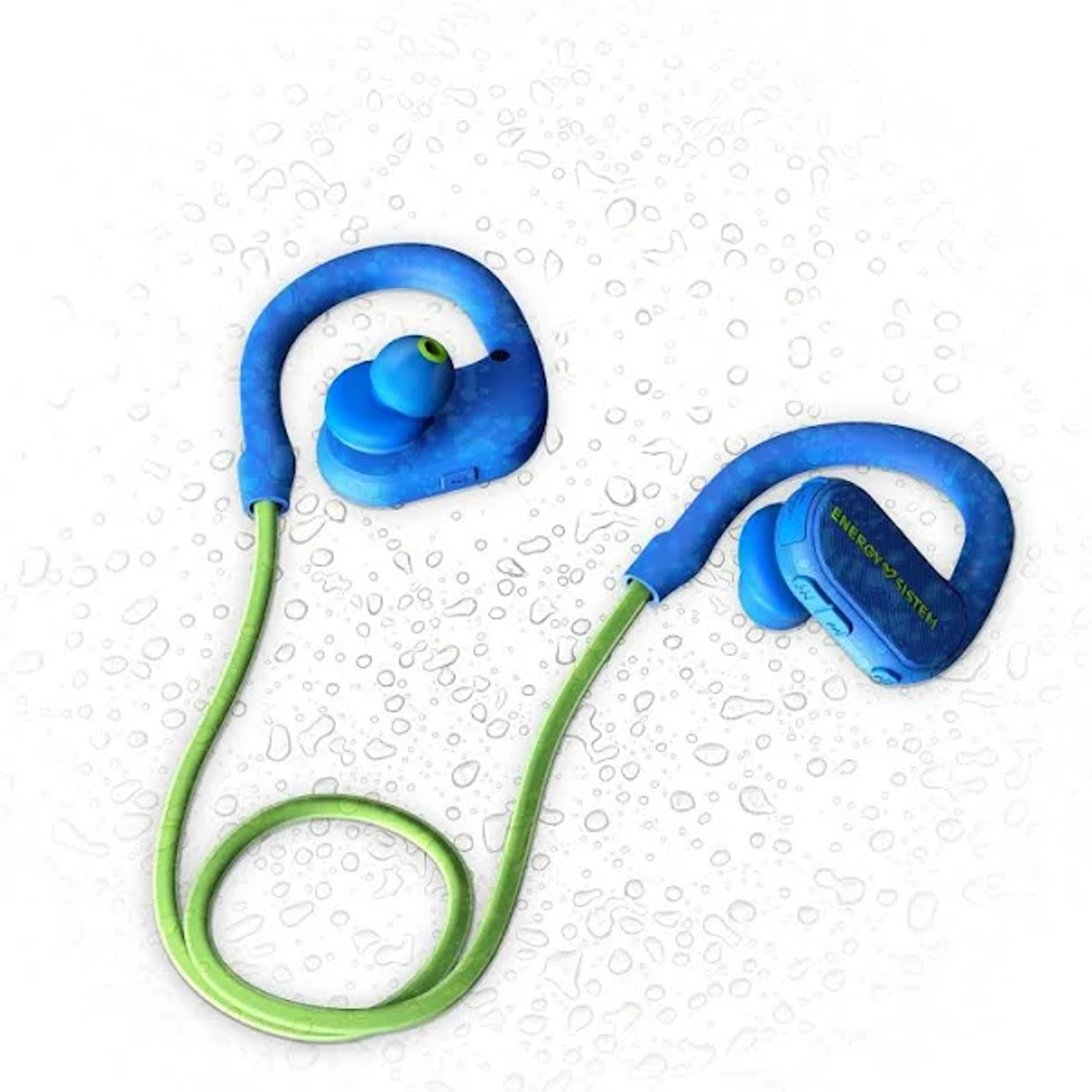 Niebieskie i zielone słuchawki sportowe na białym tle.