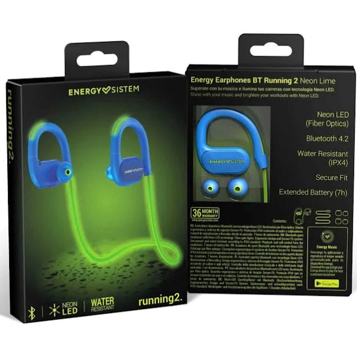 Pudełka słuchawek do biegania. Jedno pudełko przedstawia niebieskie słuchawki z zielonymi kablami.