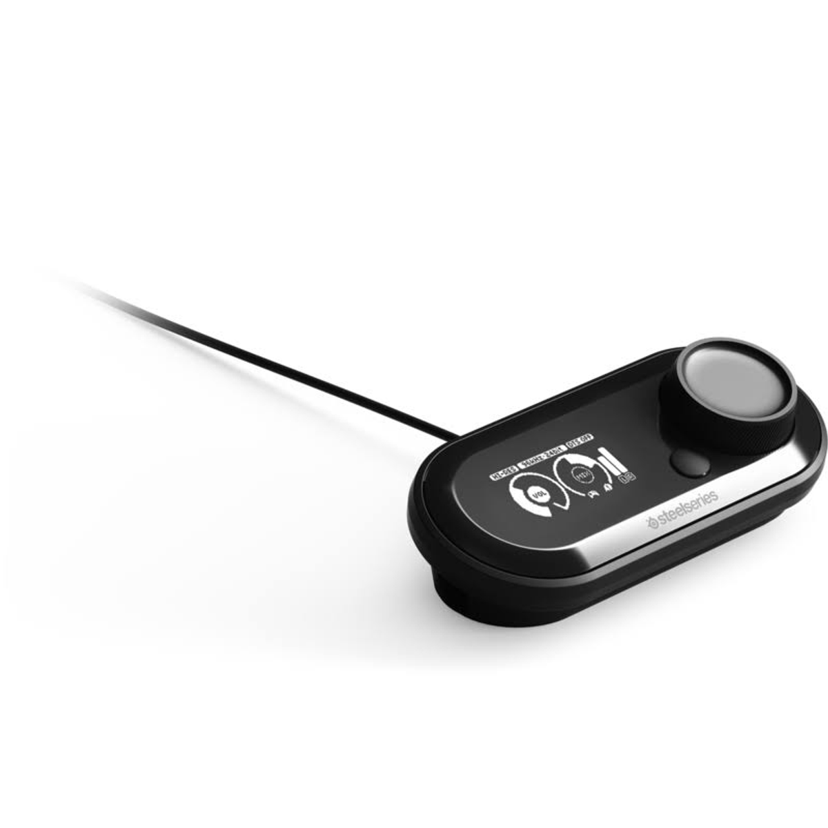 Controlador de audio para juegos negro. Tiene un dial y varios botones. Fondo blanco.