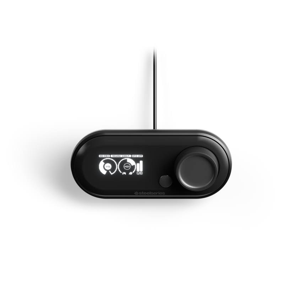 Un dispositivo de control de audio negro con un dial y una pequeña pantalla.