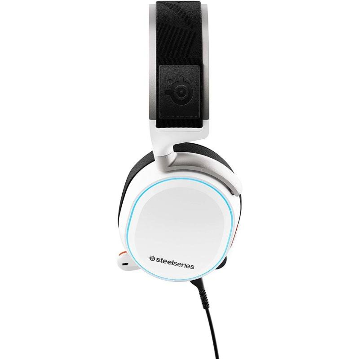 Auriculares para juegos blancos con detalles azules, colgados contra un fondo blanco.