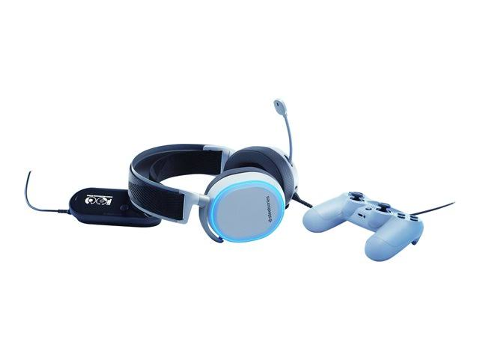 Un auricular con micro, un mando y un dispositivo de conexión, todo en color azul claro.
