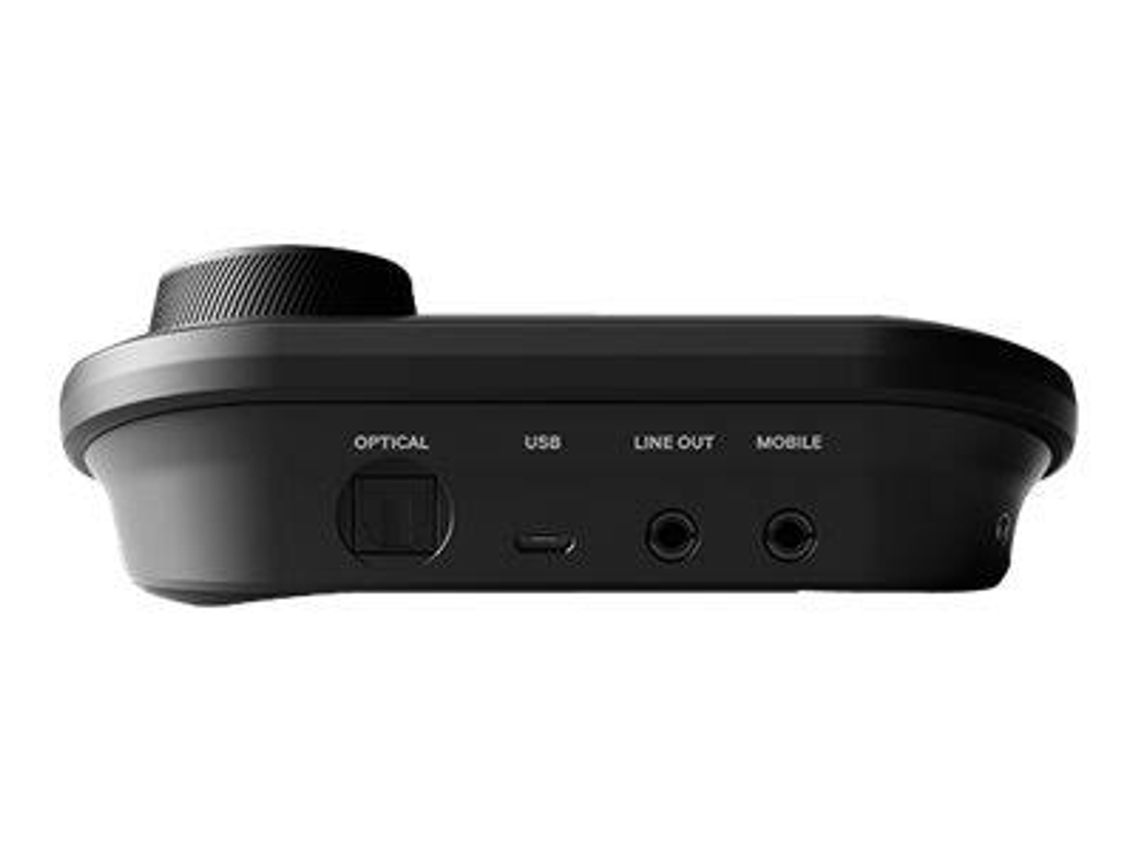Dispositivo de audio negro con botones y puertos. El dispositivo está sobre un fondo blanco.