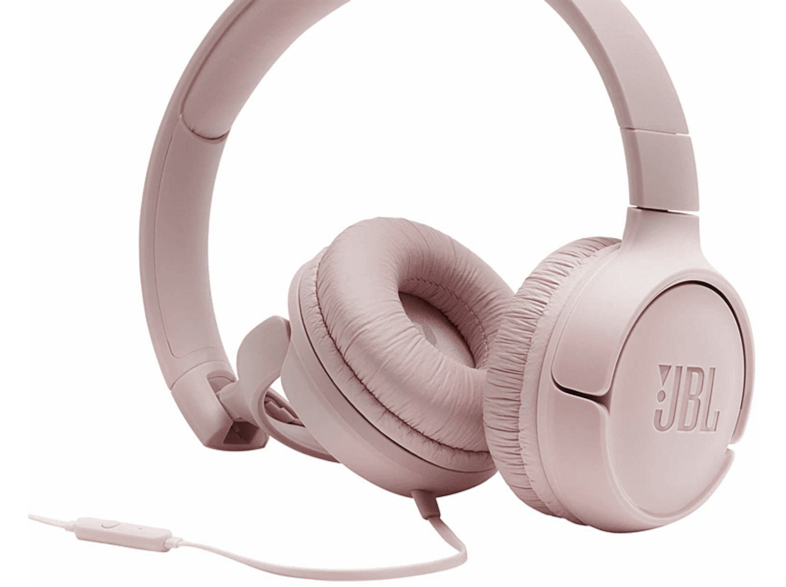 Cuffie rosa con cuscinetti bianchi. Le cuffie hanno un microfono e un cavo. Lo sfondo è bianco.