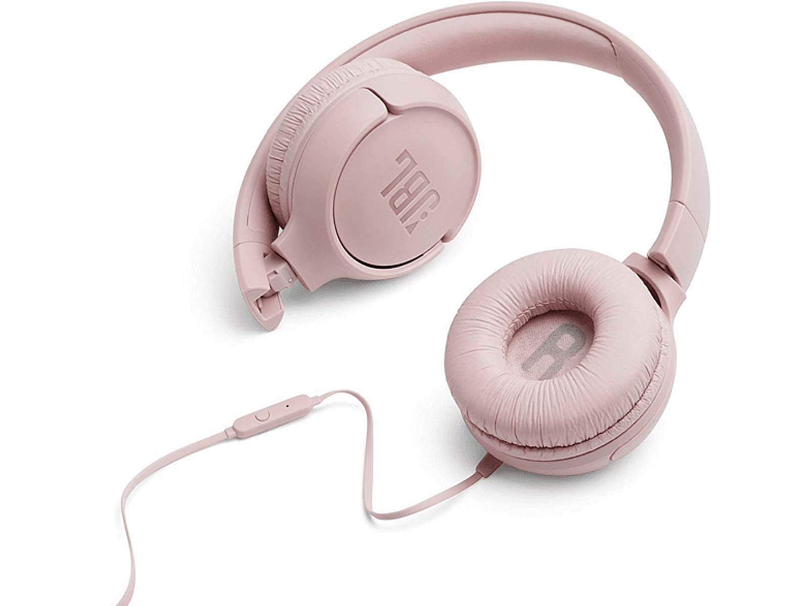 Cuffie rosa over-ear con cavo e controllo. Sfondo bianco.