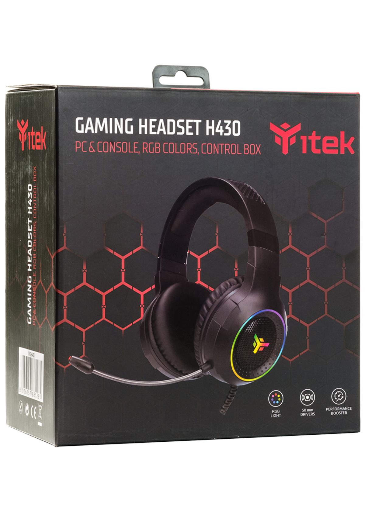 Zwarte headsetdoos met H430 logo. Gaming headset met RGB-lichten, microfoon en bedieningskastje. Witte achtergrond.
